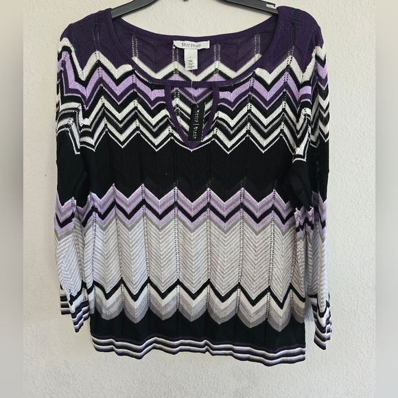 WHBM Blouse Women Sz L Long Sleeve Color Block Pleated Lace Cut Out Colorful - Picture 2 of 12